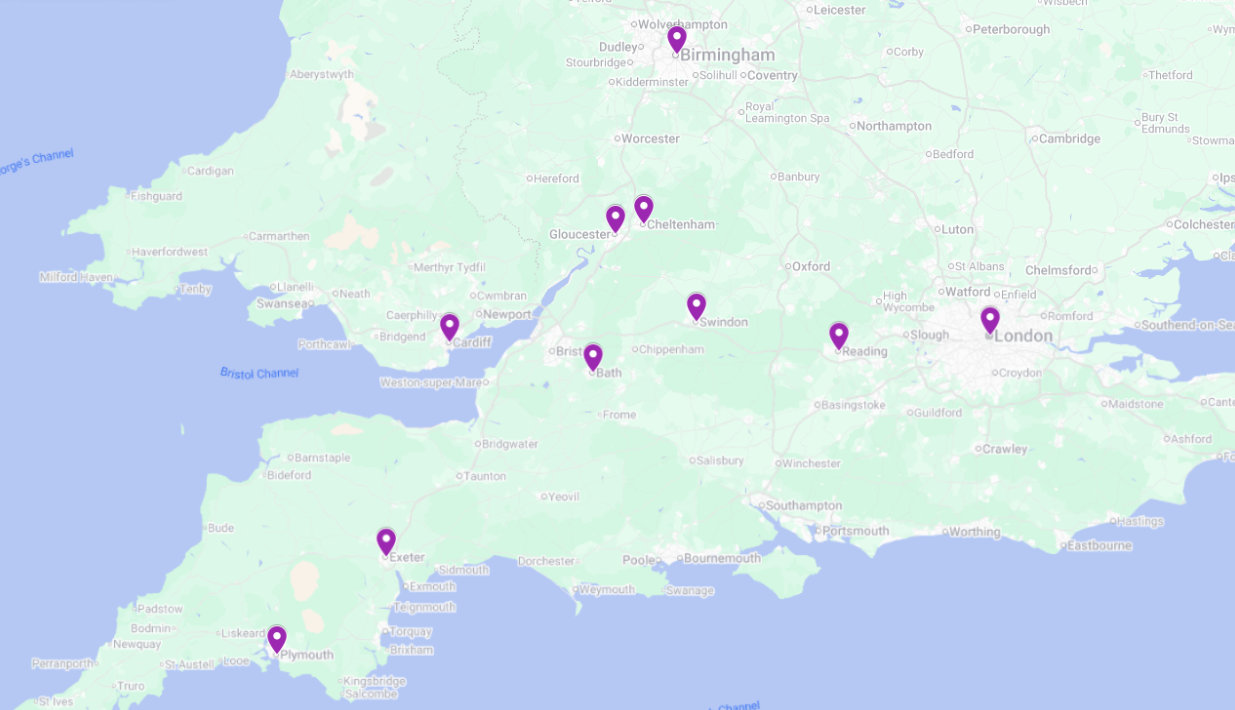 A map of the UK detailing the main areas in which Brunel Security operates.