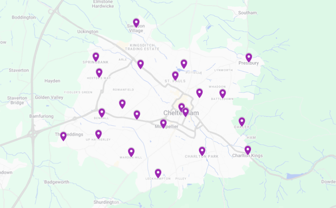 A map of the areas we cover in and around Cheltenham