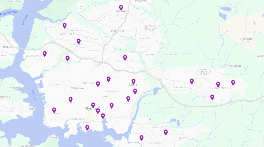 A map of our coverage in the Plymouth area