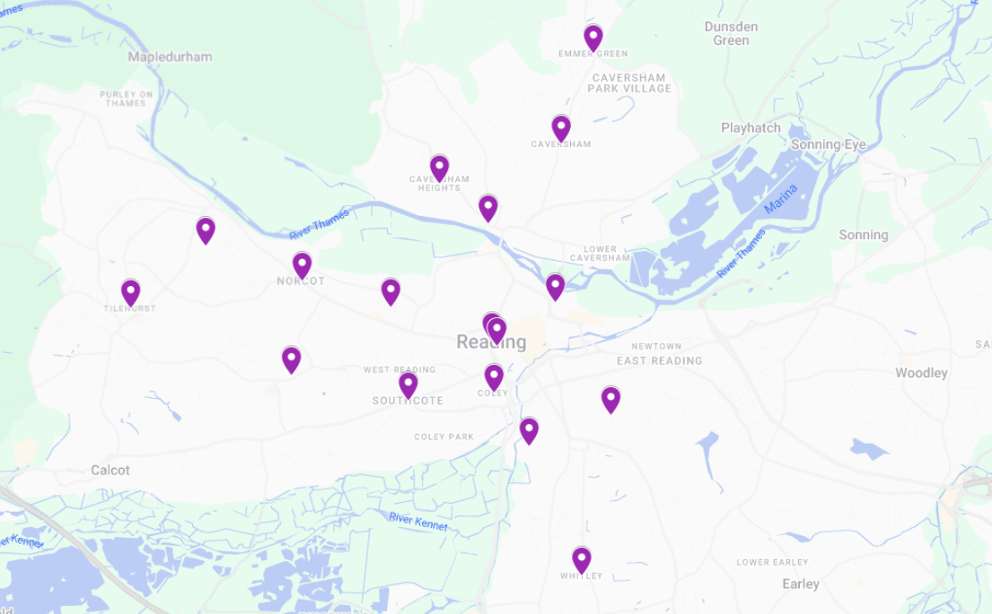 A map of the places we cover in the Reading area