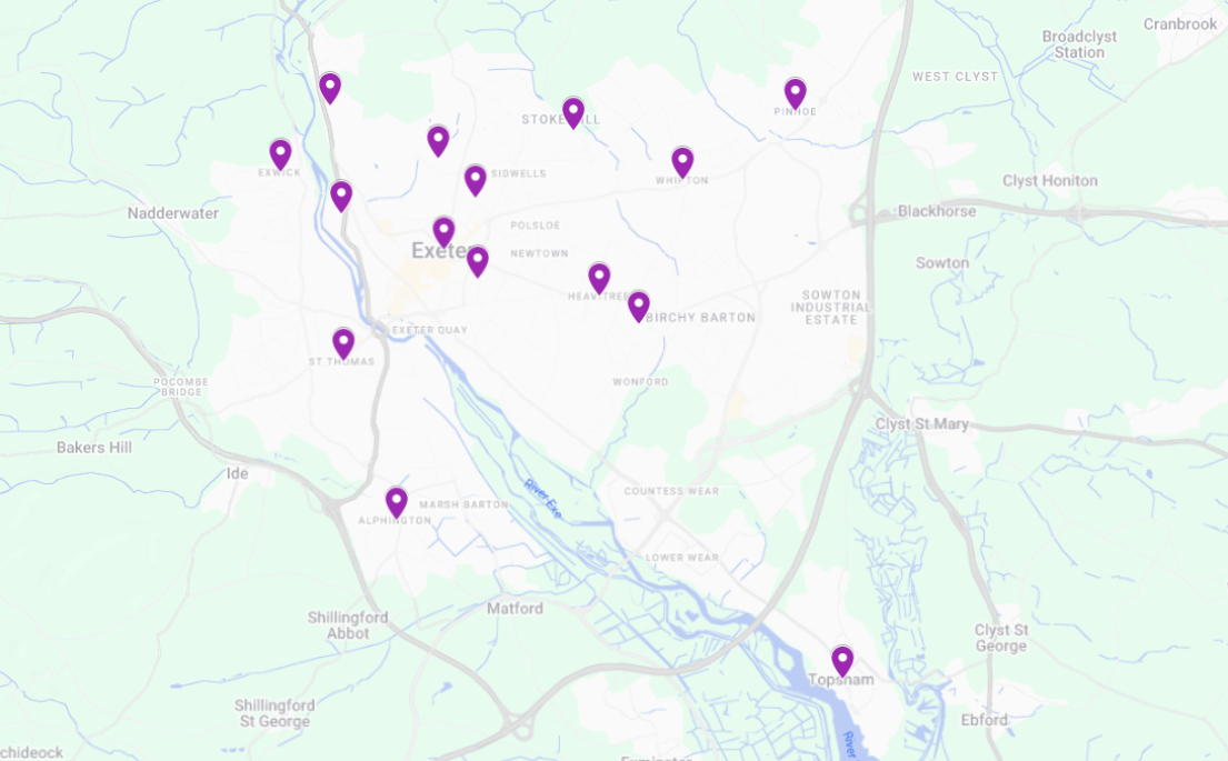 A map of Exeter and all of the locations we cover in the local area
