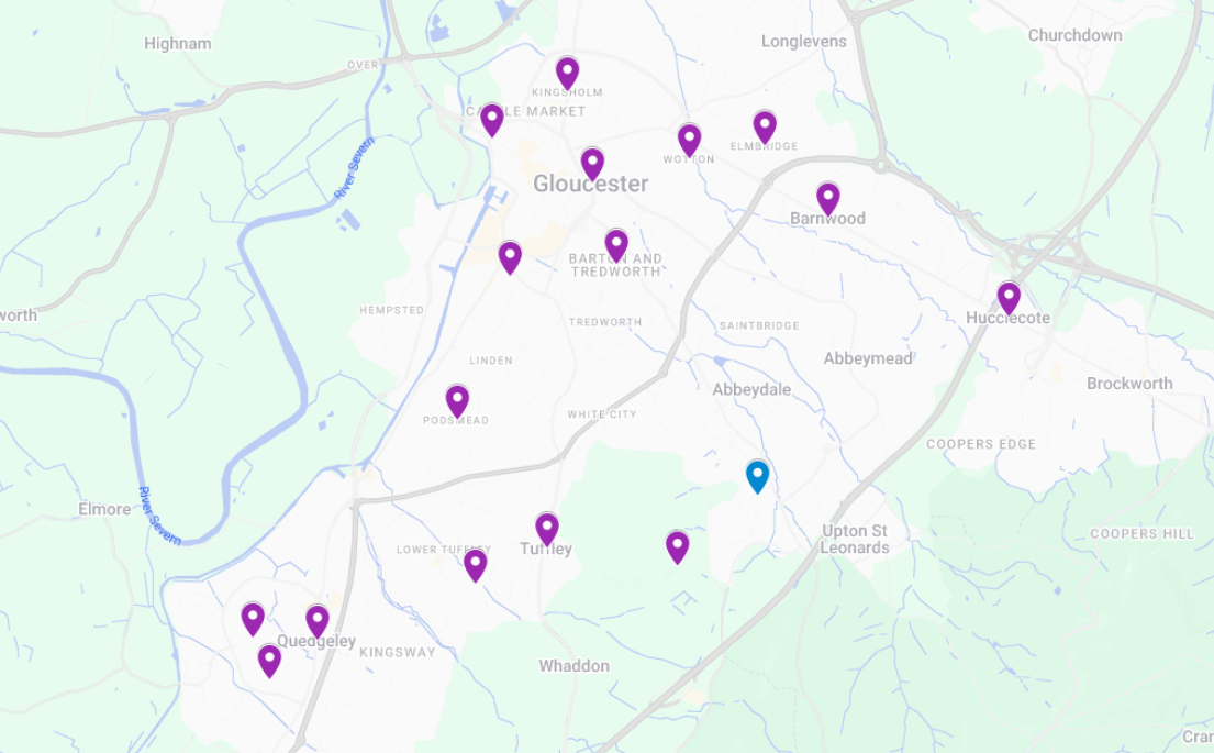 A map of the different places that we cover in Gloucester