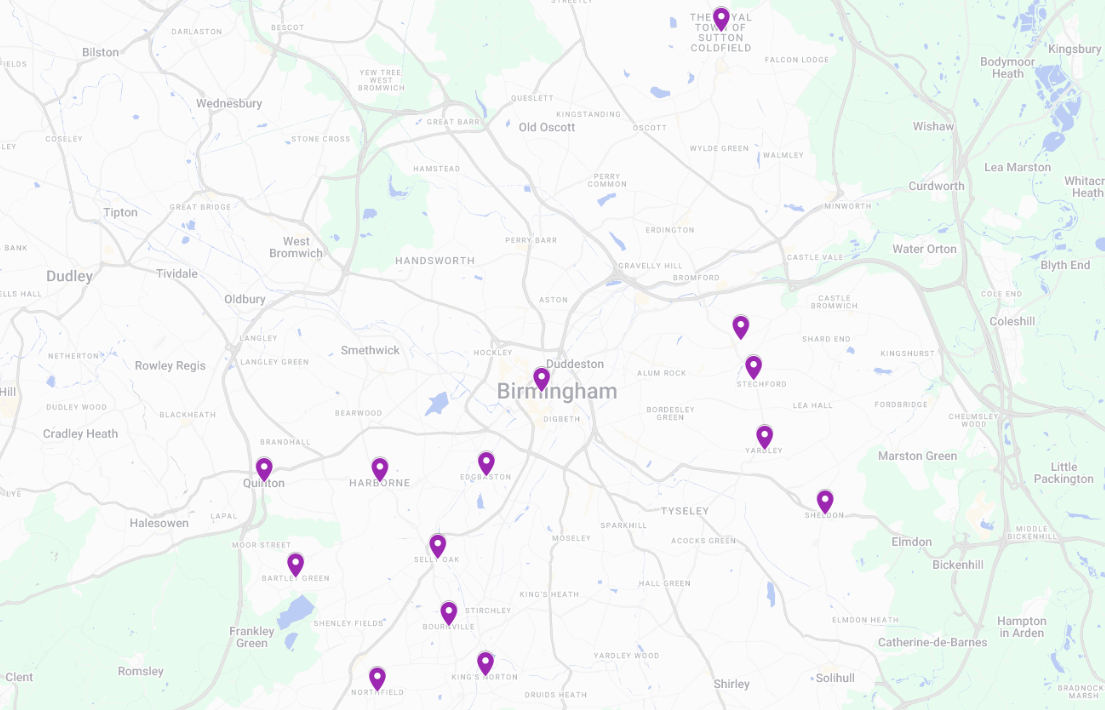A map of the areas we cover in and around Birmingham