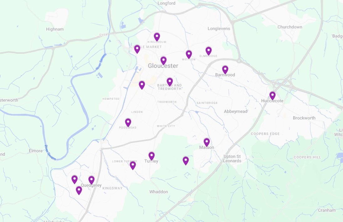 A map of the areas that we cover within the Gloucester region.